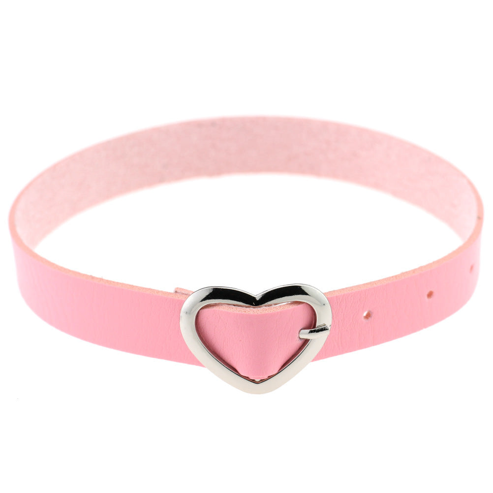 Women's Soft Leather Punk Goth Peach Heart Buckle Neck Necklaces
