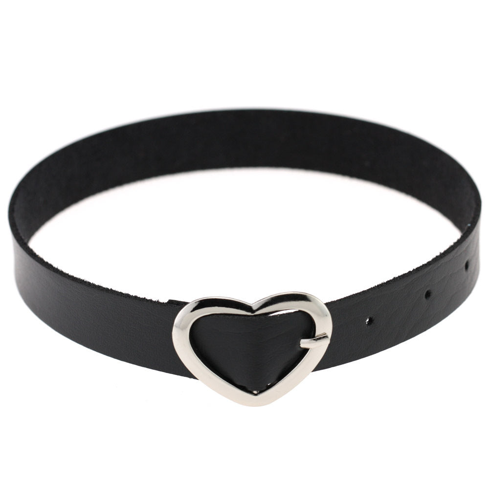 Women's Soft Leather Punk Goth Peach Heart Buckle Neck Necklaces