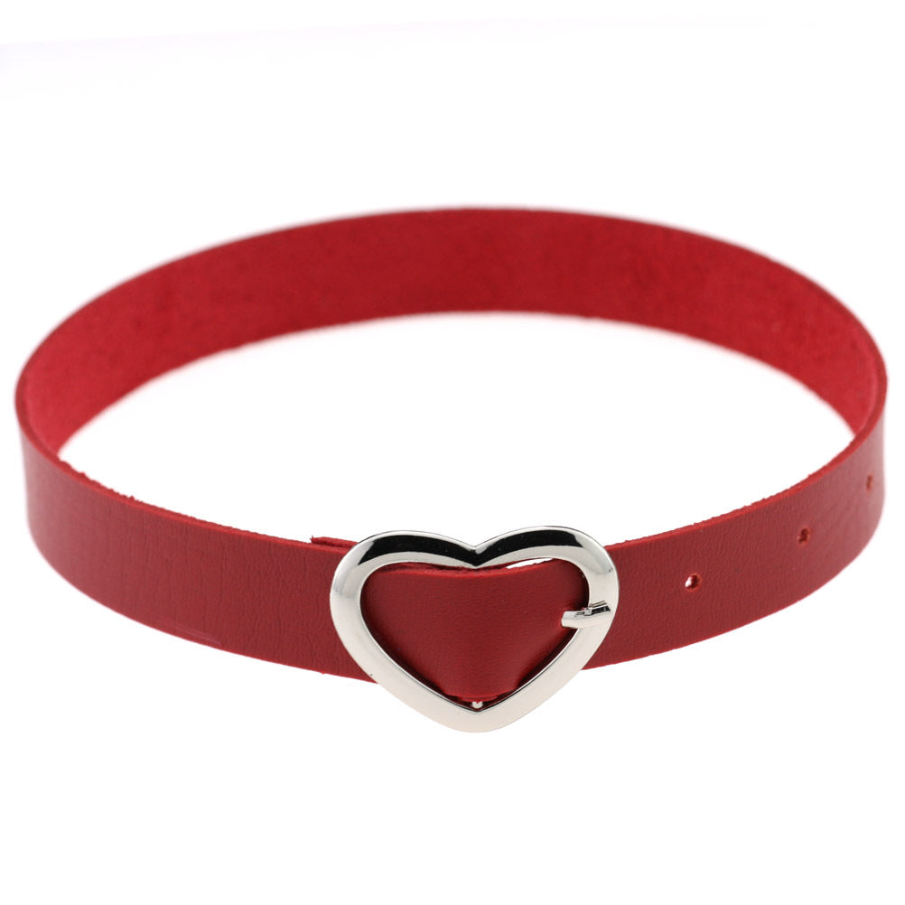 Women's Soft Leather Punk Goth Peach Heart Buckle Neck Necklaces