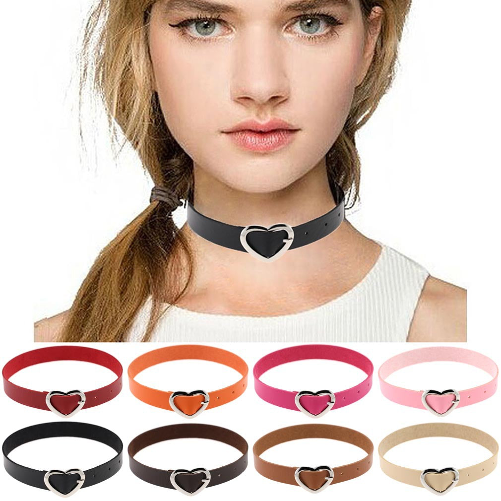 Women's Soft Leather Punk Goth Peach Heart Buckle Neck Necklaces