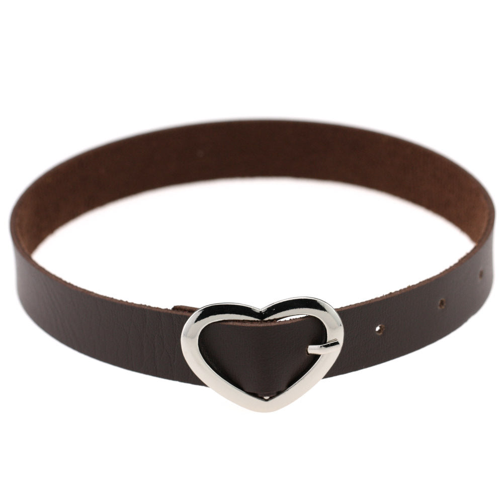 Women's Soft Leather Punk Goth Peach Heart Buckle Neck Necklaces