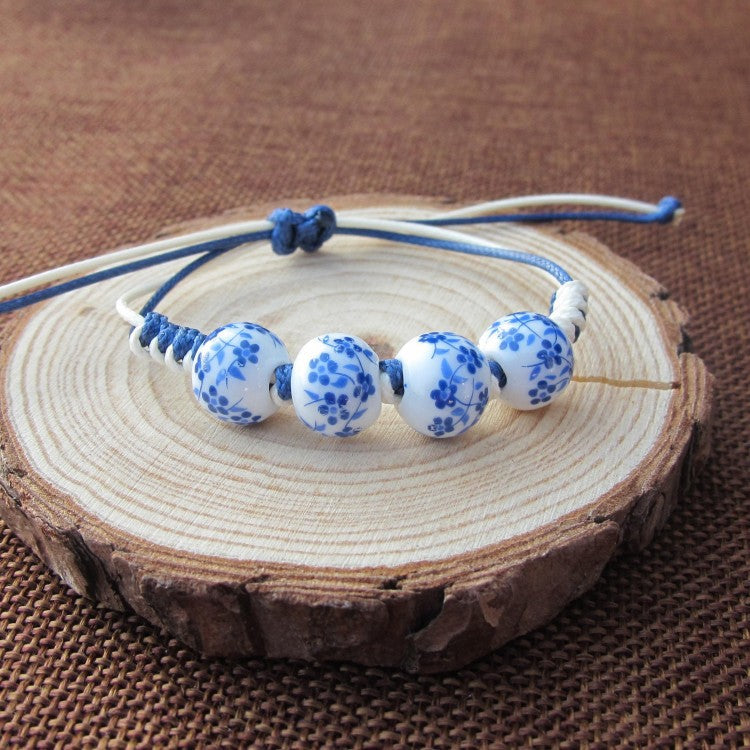 Ethnic Style Blue White Porcelain Ceramic Female Couple Hand-woven Bracelet