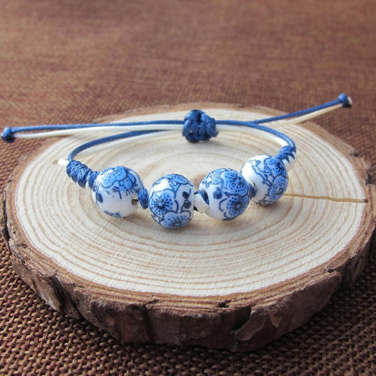 Ethnic Style Blue White Porcelain Ceramic Female Couple Hand-woven Bracelet