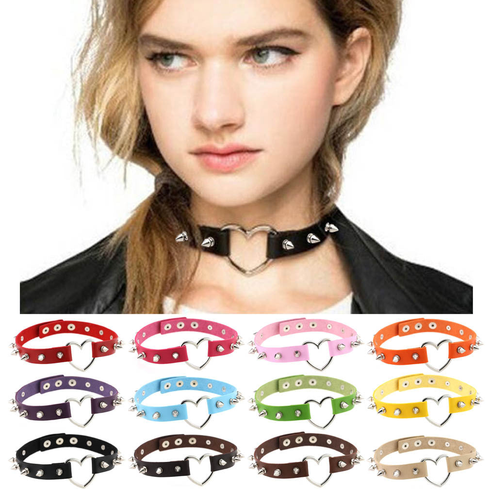 Women's Soft Spike Rivet Leather Peach Heart-shaped Neck Band Necklaces