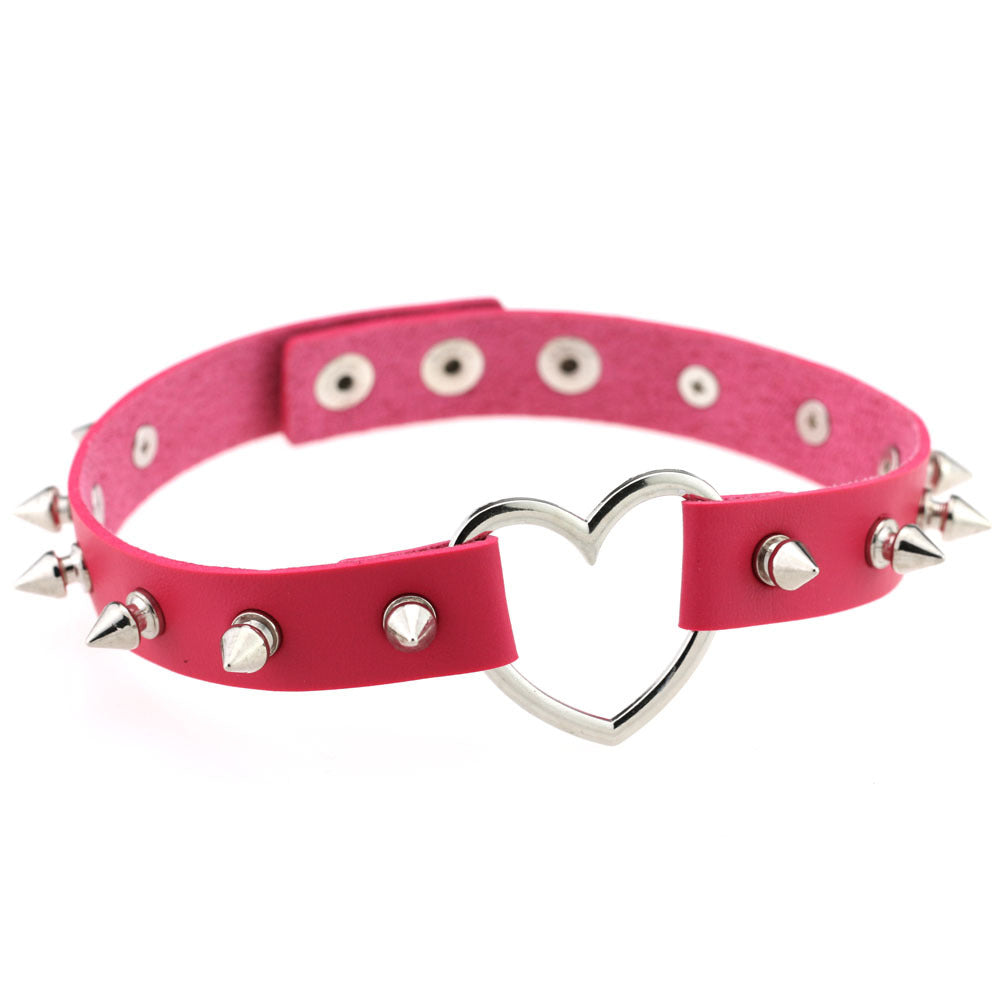 Women's Soft Spike Rivet Leather Peach Heart-shaped Neck Band Necklaces