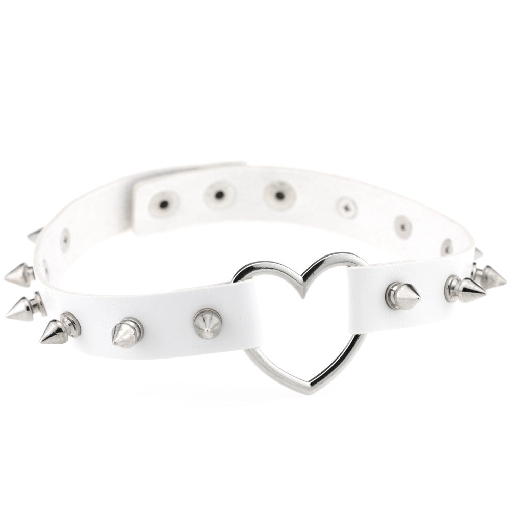 Women's Soft Spike Rivet Leather Peach Heart-shaped Neck Band Necklaces