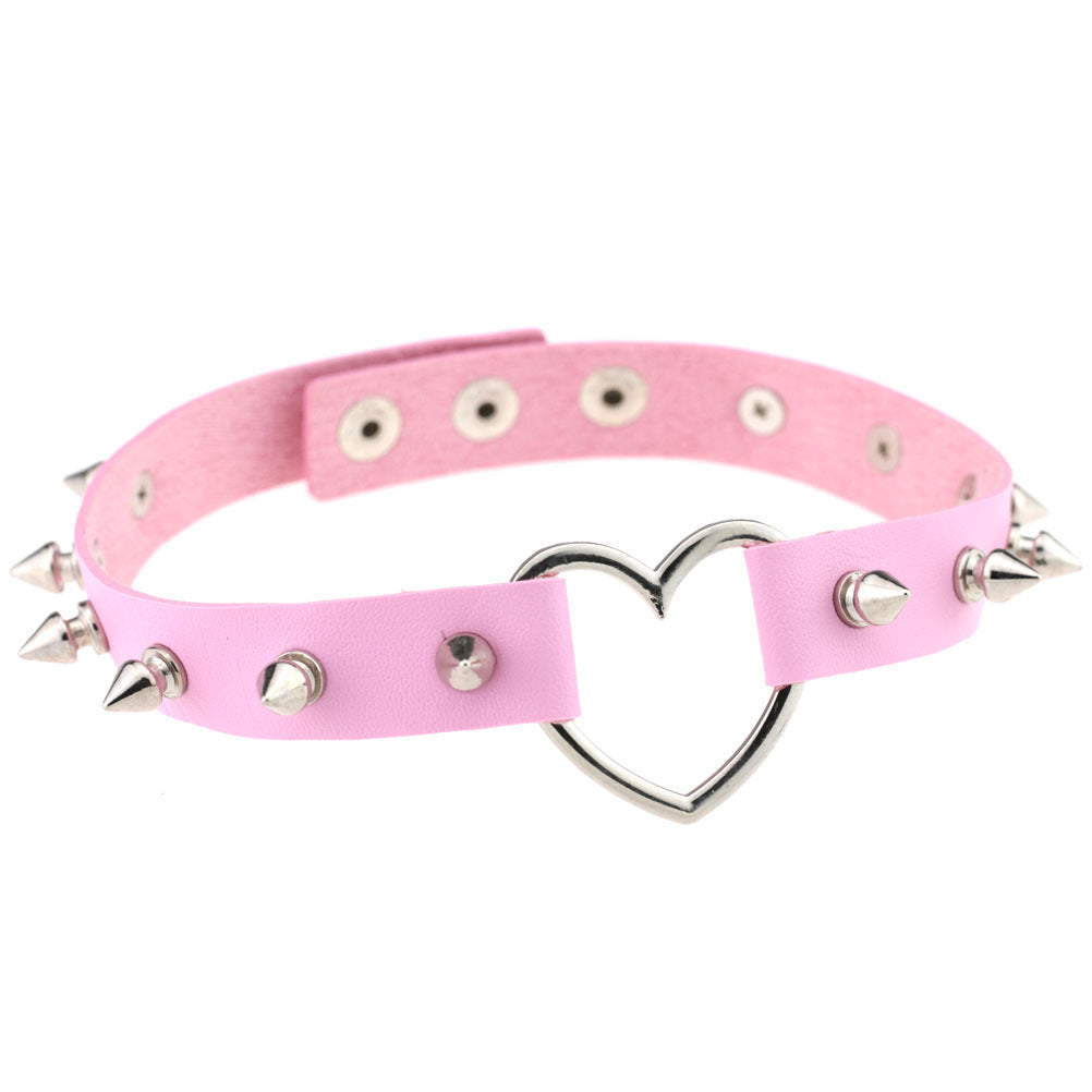 Women's Soft Spike Rivet Leather Peach Heart-shaped Neck Band Necklaces