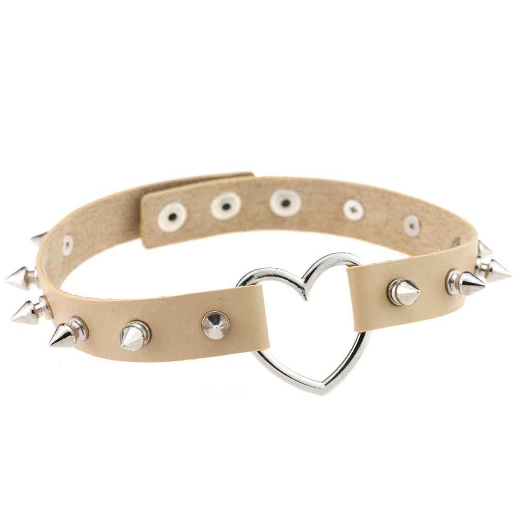 Women's Soft Spike Rivet Leather Peach Heart-shaped Neck Band Necklaces