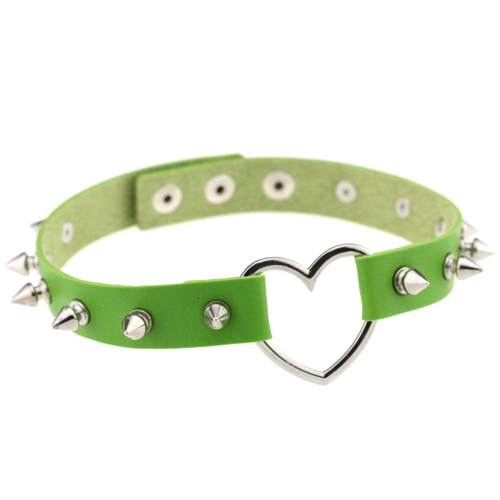 Women's Soft Spike Rivet Leather Peach Heart-shaped Neck Band Necklaces