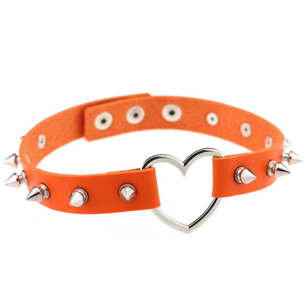 Women's Soft Spike Rivet Leather Peach Heart-shaped Neck Band Necklaces