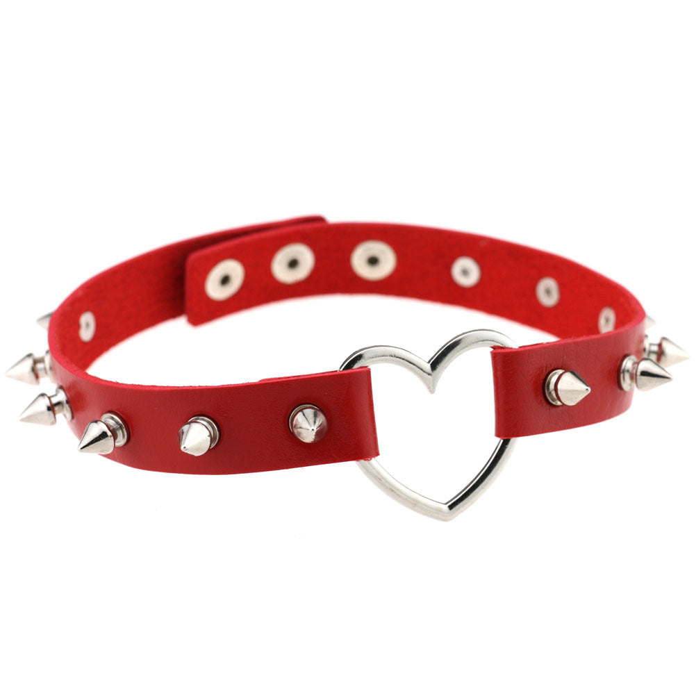 Women's Soft Spike Rivet Leather Peach Heart-shaped Neck Band Necklaces