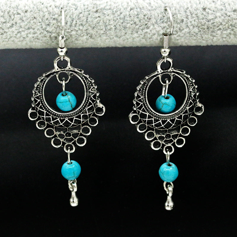 Fashion Vintage Ethnic Style Hollow Turquoise Water Drop Bohemian Earrings