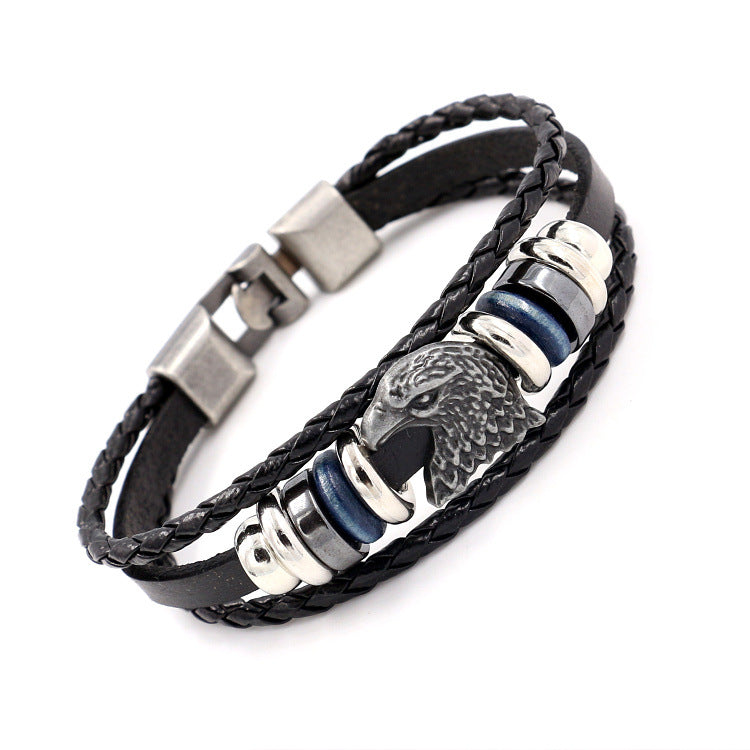 Vintage Leather Rope Beaded Eagle Rivet Bracelet