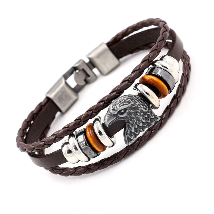 Vintage Leather Rope Beaded Eagle Rivet Bracelet