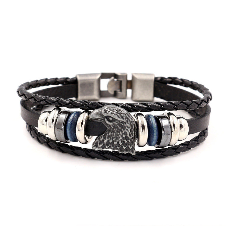 Vintage Leather Rope Beaded Eagle Rivet Bracelet