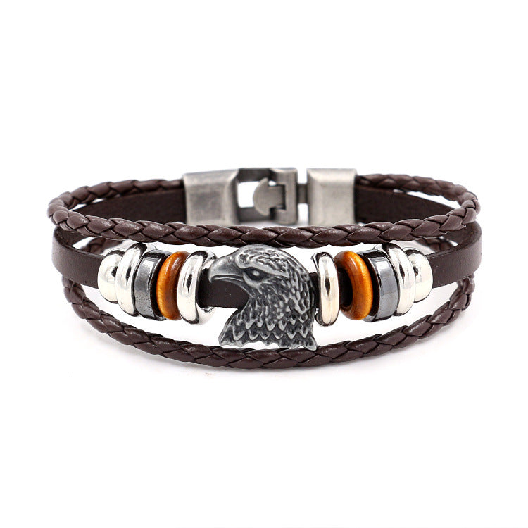 Vintage Leather Rope Beaded Eagle Rivet Bracelet