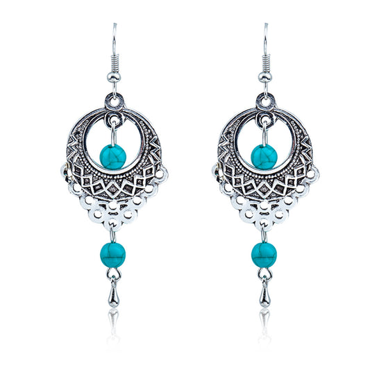 Fashion Vintage Ethnic Style Hollow Turquoise Water Drop Bohemian Earrings
