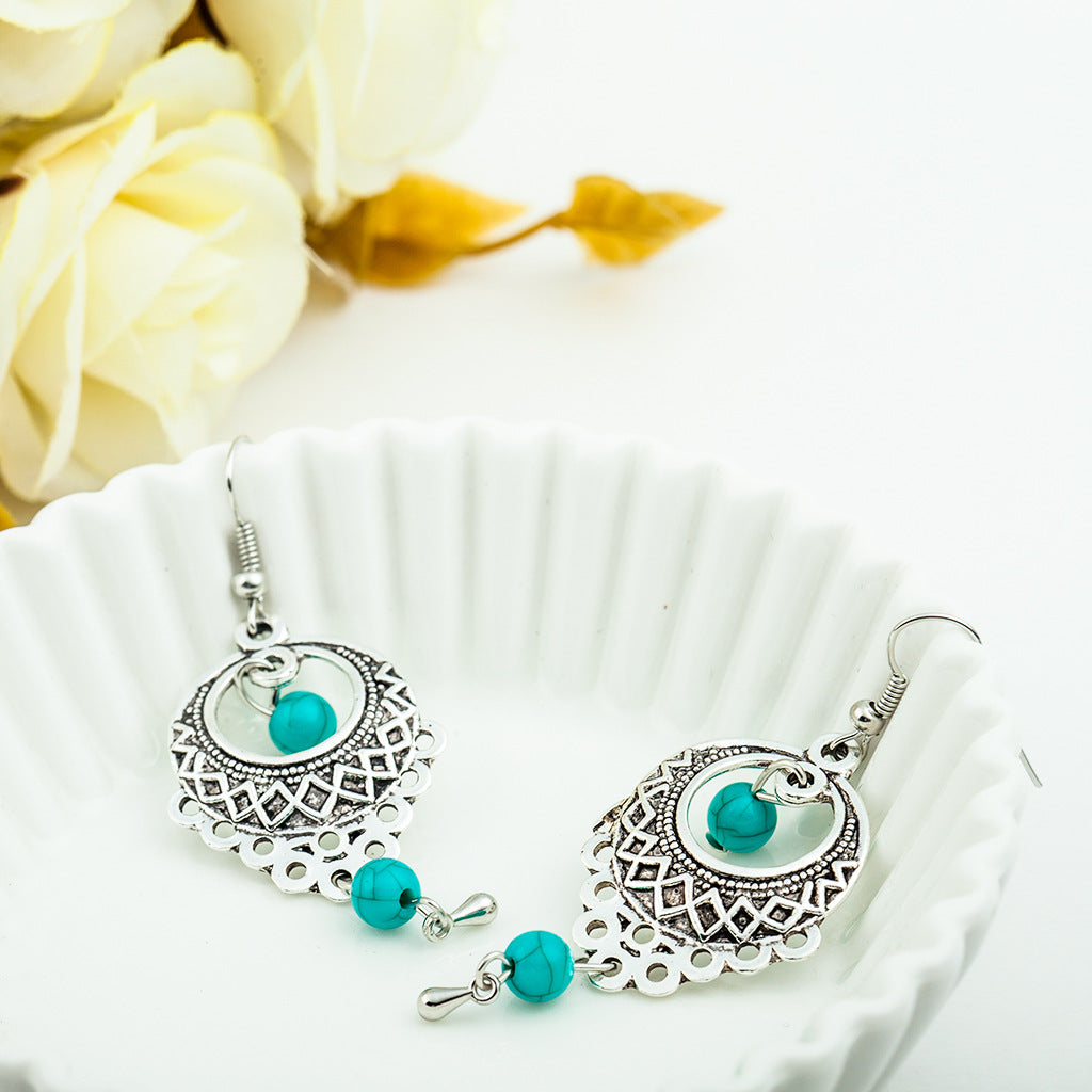Fashion Vintage Ethnic Style Hollow Turquoise Water Drop Bohemian Earrings