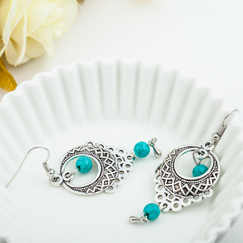 Fashion Vintage Ethnic Style Hollow Turquoise Water Drop Bohemian Earrings