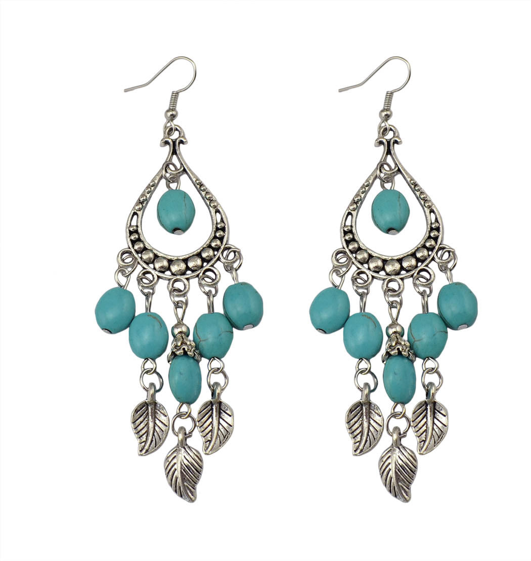 Ethnic Style Small Leaf Branch Tassel Turquoise Long Rings