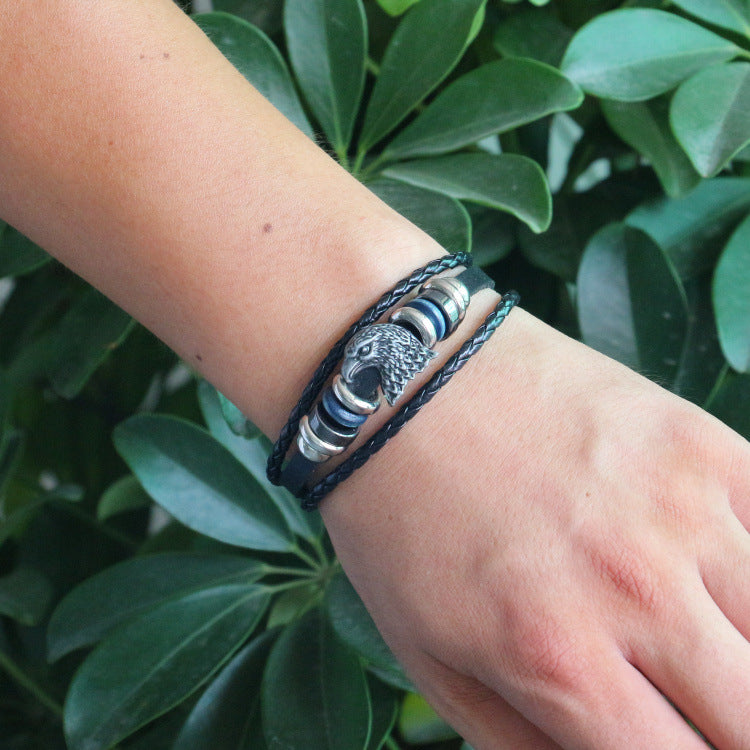 Vintage Leather Rope Beaded Eagle Rivet Bracelet