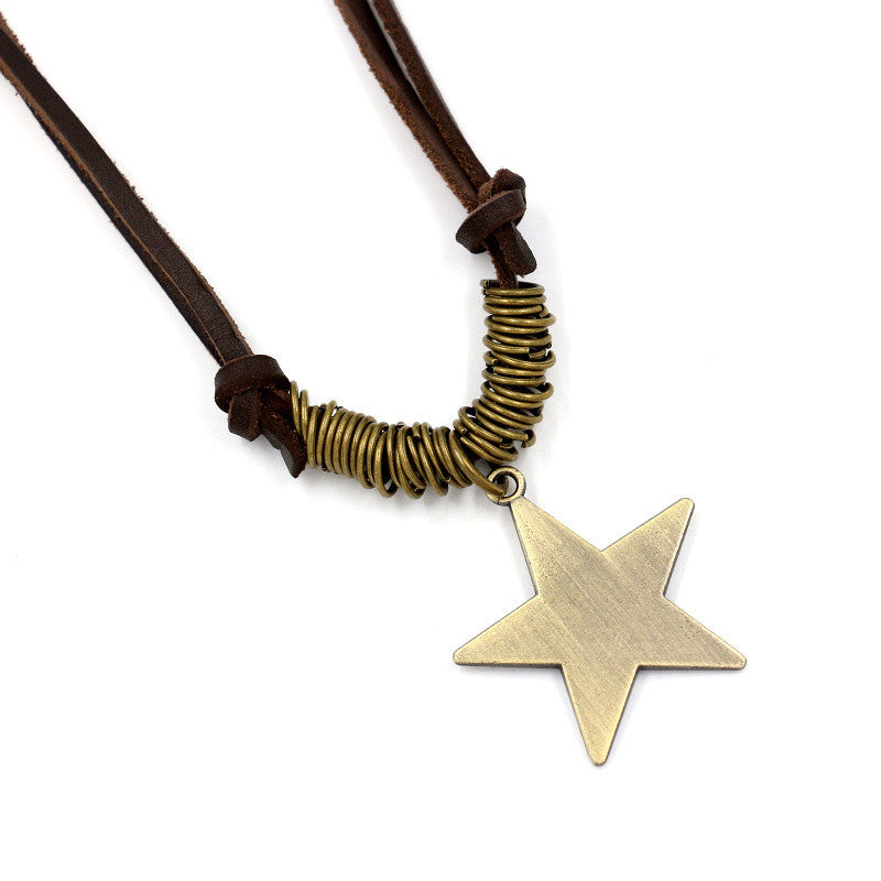 Women's & Men's Retro Five-pointed Star Cowhide Sweater Chain Necklace