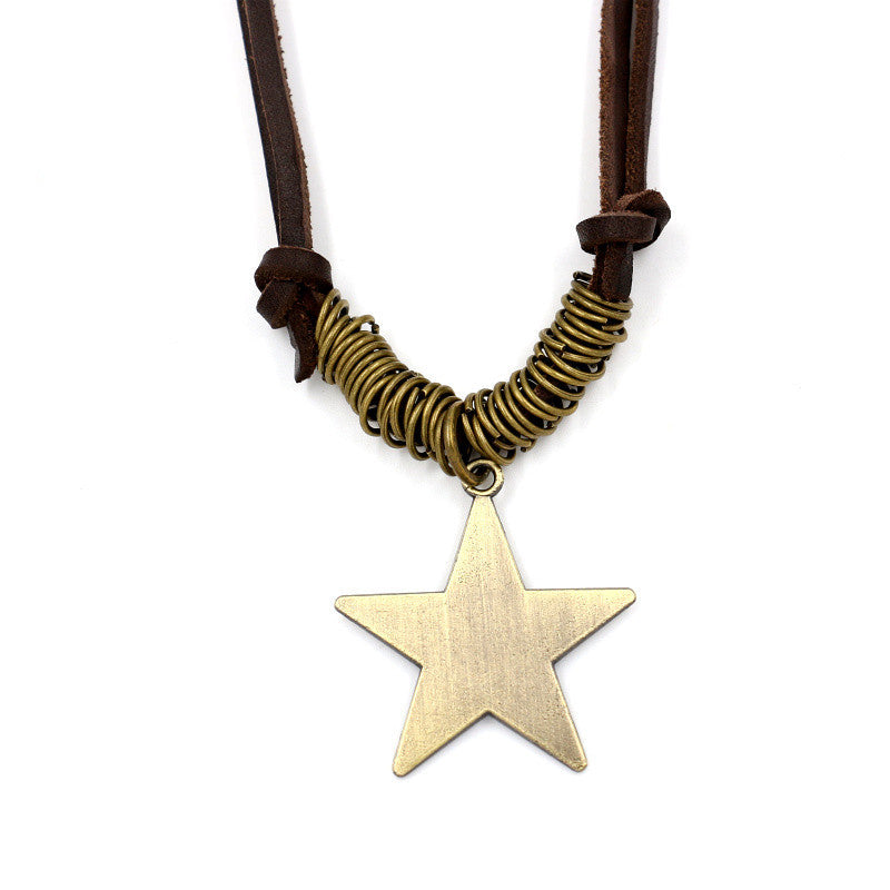 Women's & Men's Retro Five-pointed Star Cowhide Sweater Chain Necklace