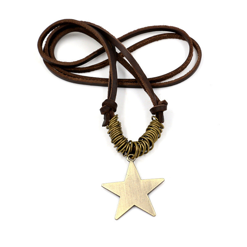 Women's & Men's Retro Five-pointed Star Cowhide Sweater Chain Necklace