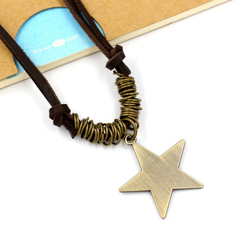 Women's & Men's Retro Five-pointed Star Cowhide Sweater Chain Necklace