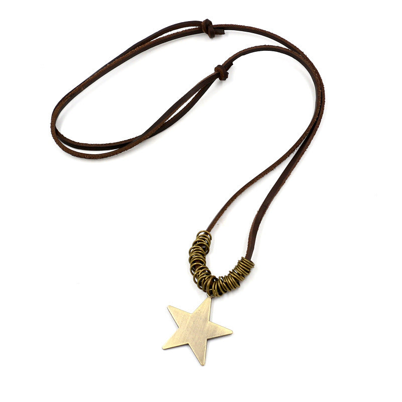 Women's & Men's Retro Five-pointed Star Cowhide Sweater Chain Necklace
