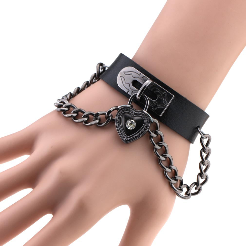 Punk Style Heart-shaped Lock Chain Adjustable Leather Wrist Bracelet