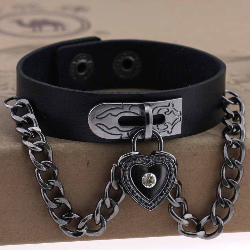 Punk Style Heart-shaped Lock Chain Adjustable Leather Wrist Bracelet