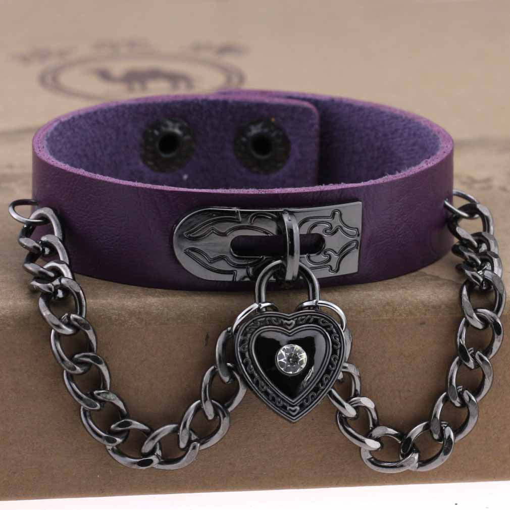 Punk Style Heart-shaped Lock Chain Adjustable Leather Wrist Bracelet