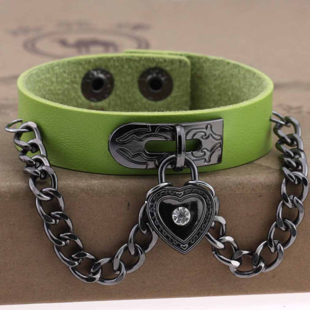 Punk Style Heart-shaped Lock Chain Adjustable Leather Wrist Bracelet
