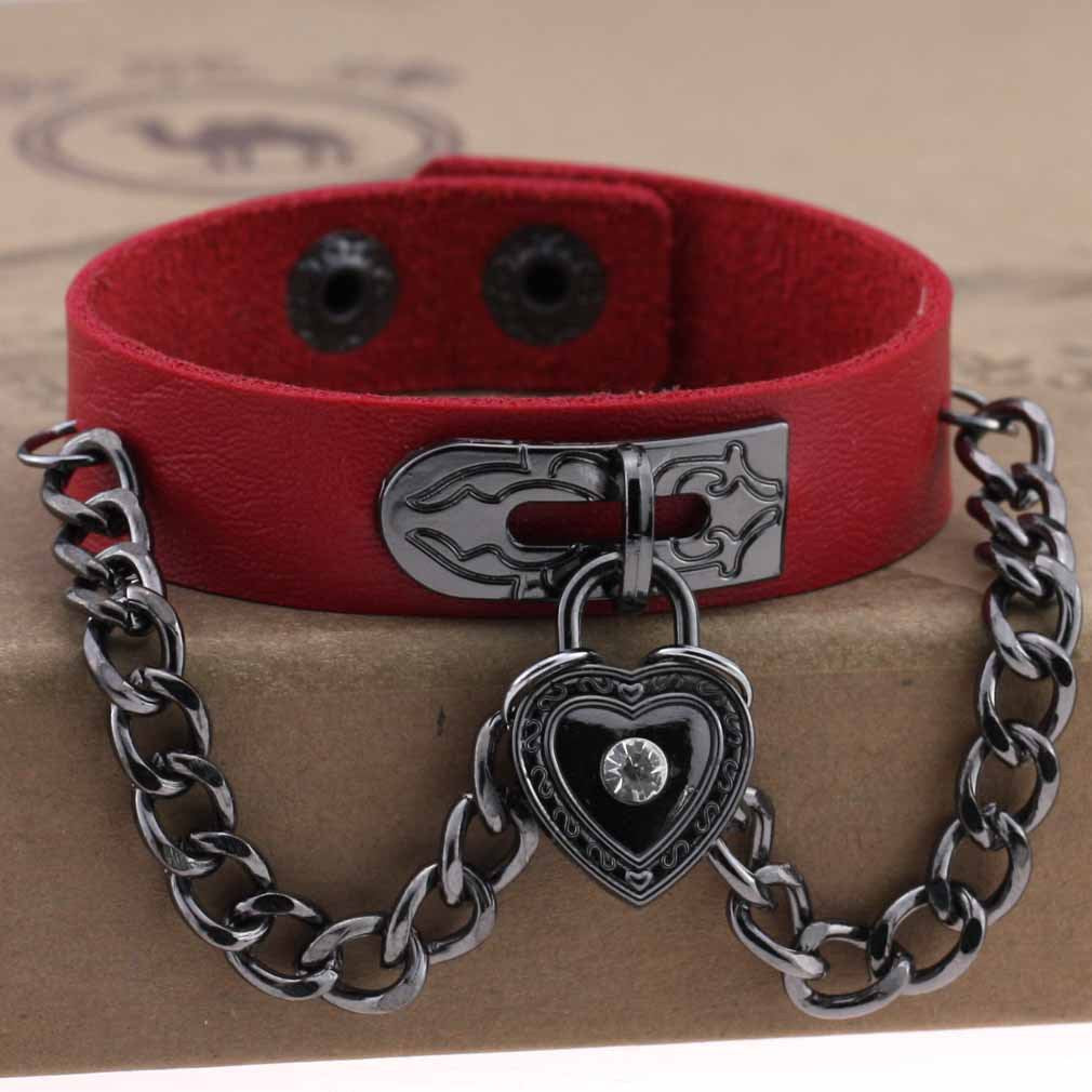 Punk Style Heart-shaped Lock Chain Adjustable Leather Wrist Bracelet