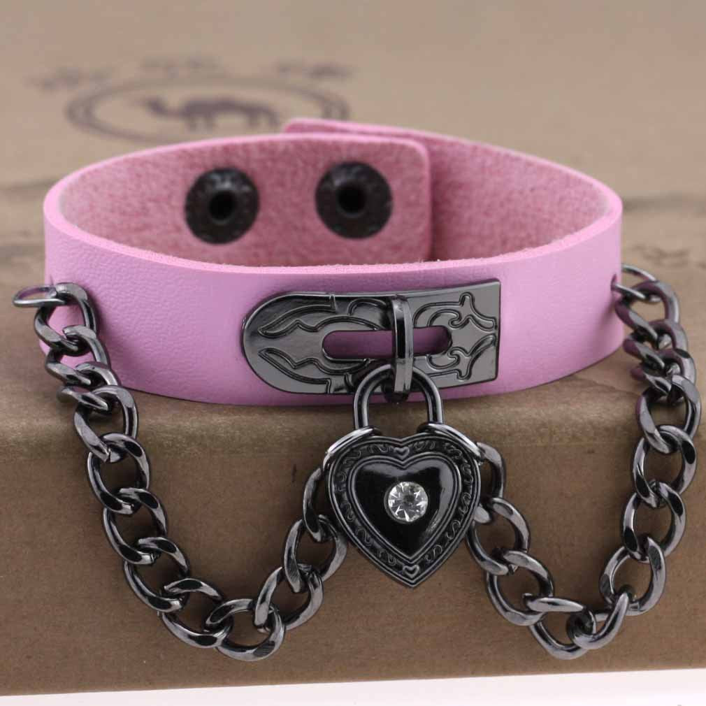 Punk Style Heart-shaped Lock Chain Adjustable Leather Wrist Bracelet