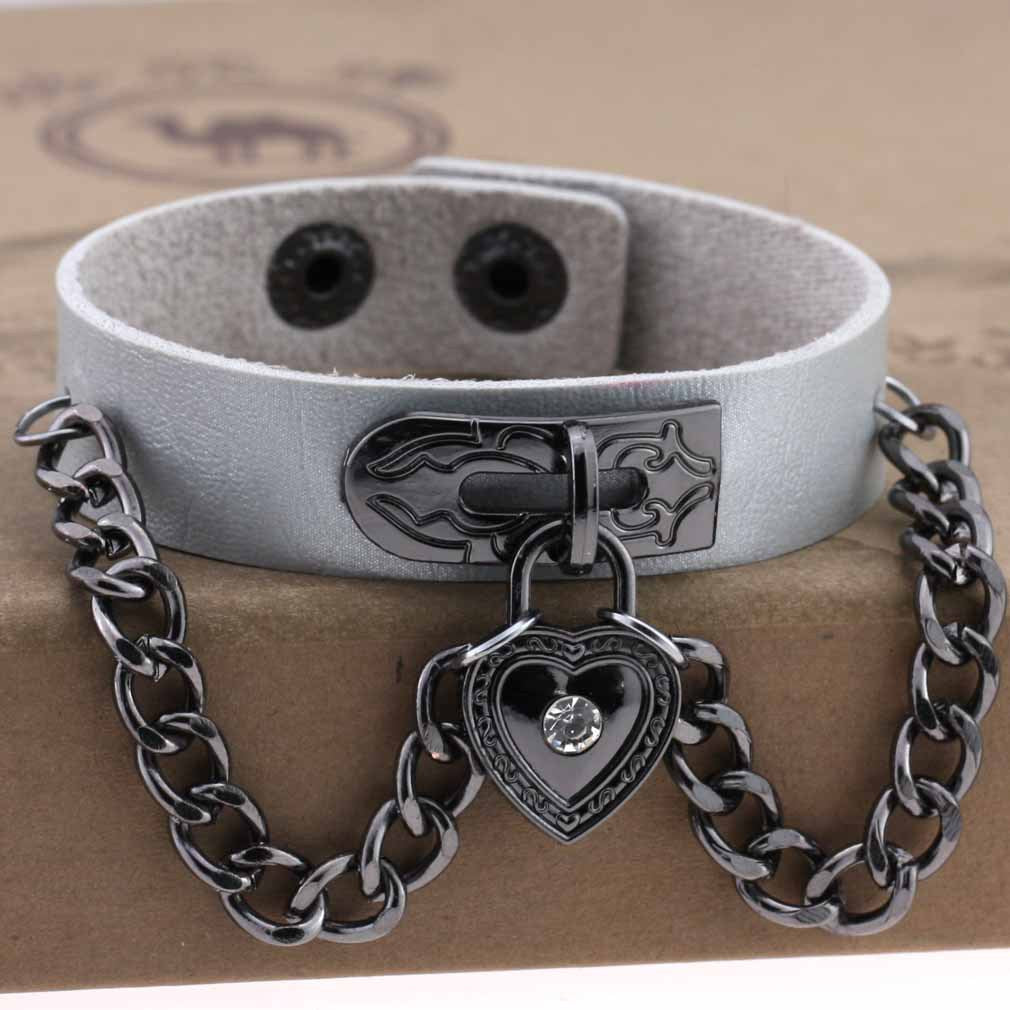 Punk Style Heart-shaped Lock Chain Adjustable Leather Wrist Bracelet