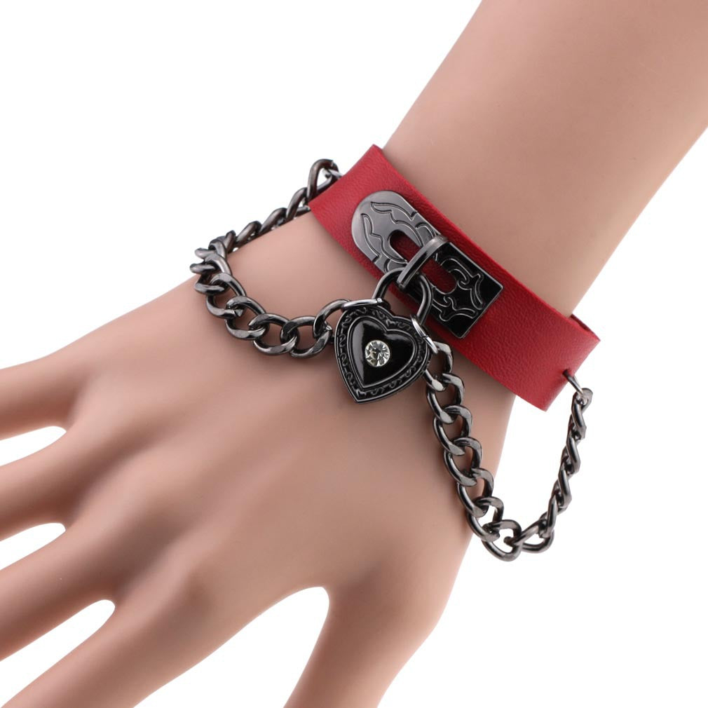 Punk Style Heart-shaped Lock Chain Adjustable Leather Wrist Bracelet