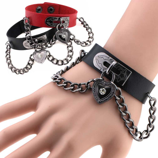 Punk Style Heart-shaped Lock Chain Adjustable Leather Wrist Bracelet