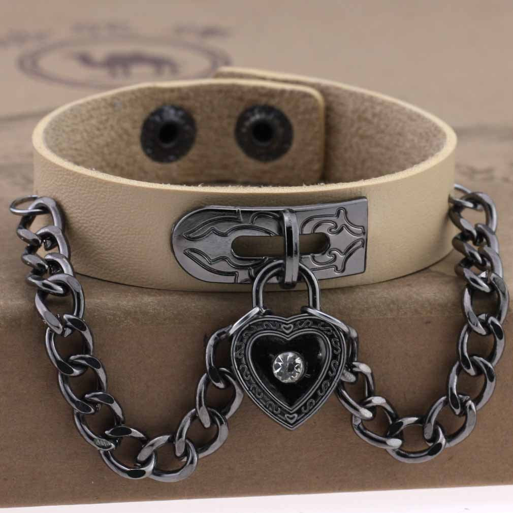 Punk Style Heart-shaped Lock Chain Adjustable Leather Wrist Bracelet