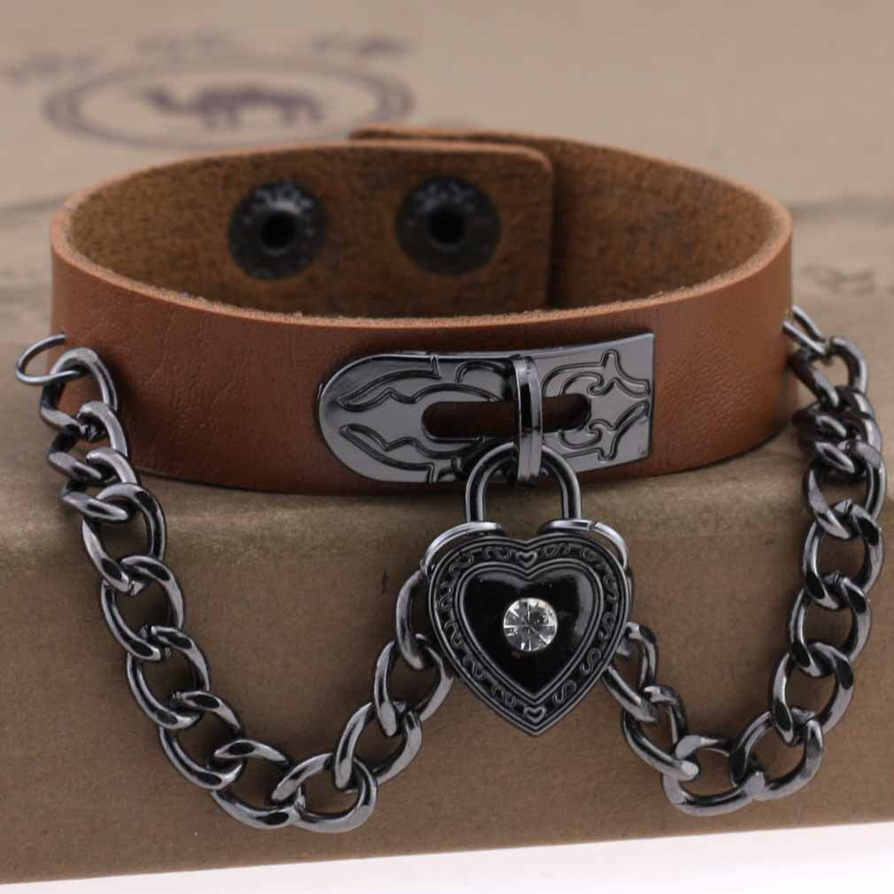 Punk Style Heart-shaped Lock Chain Adjustable Leather Wrist Bracelet