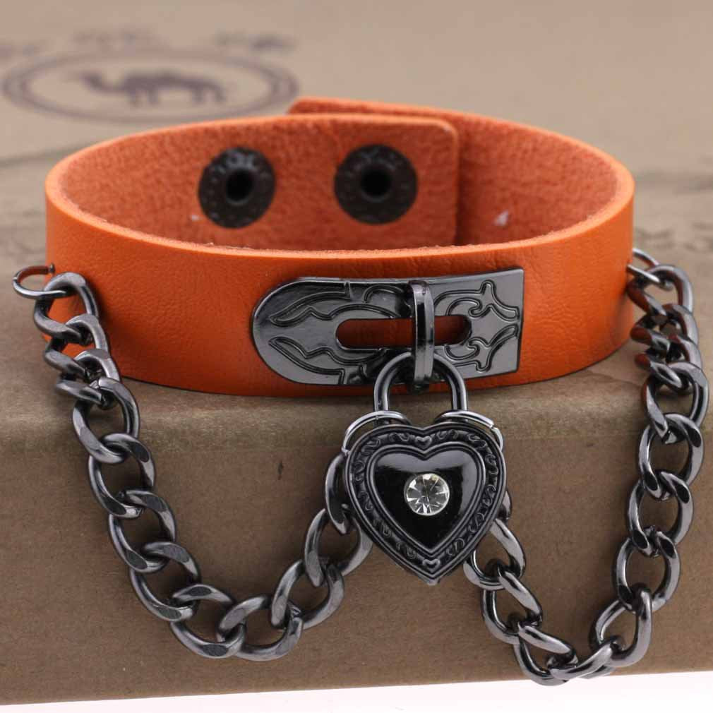 Punk Style Heart-shaped Lock Chain Adjustable Leather Wrist Bracelet