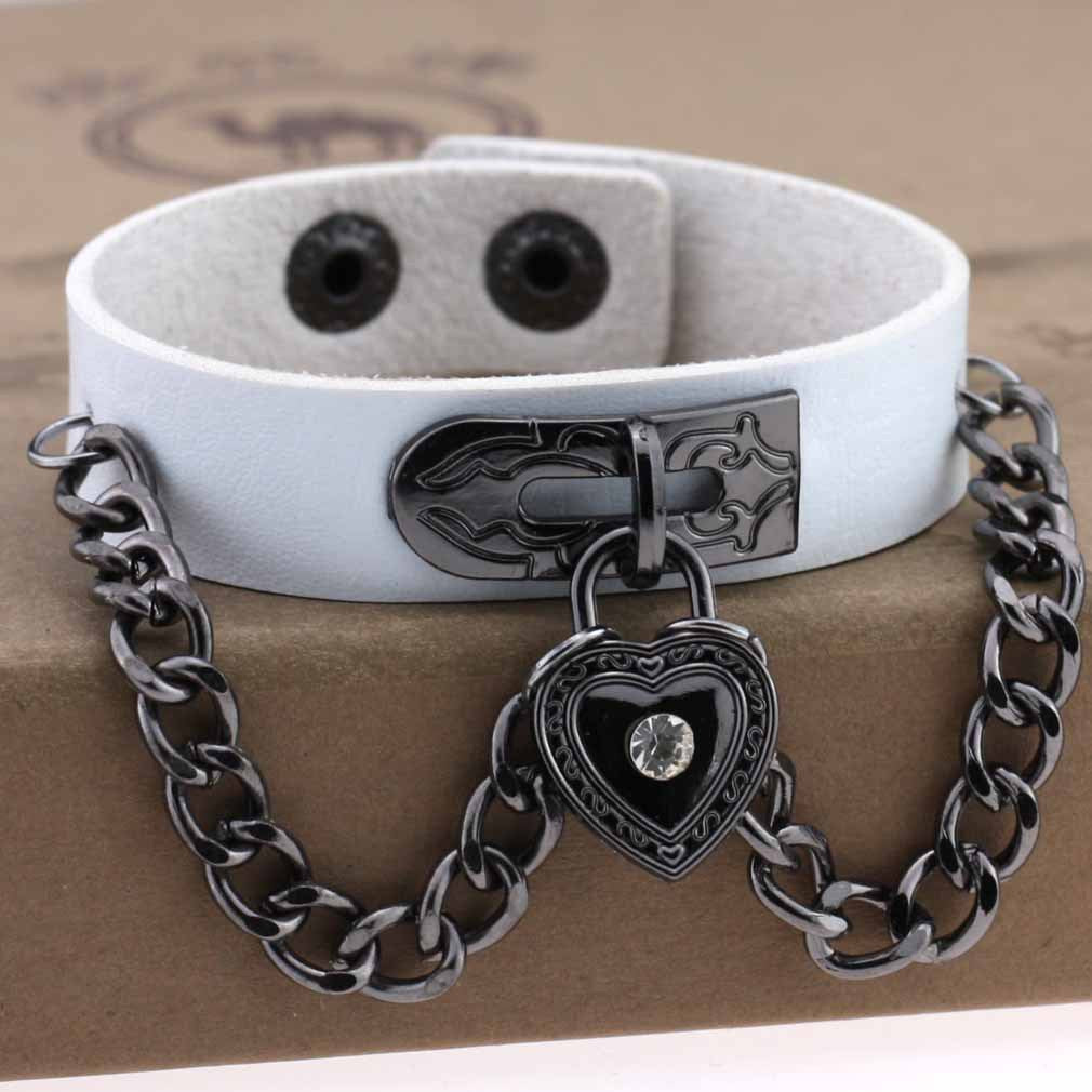 Punk Style Heart-shaped Lock Chain Adjustable Leather Wrist Bracelet