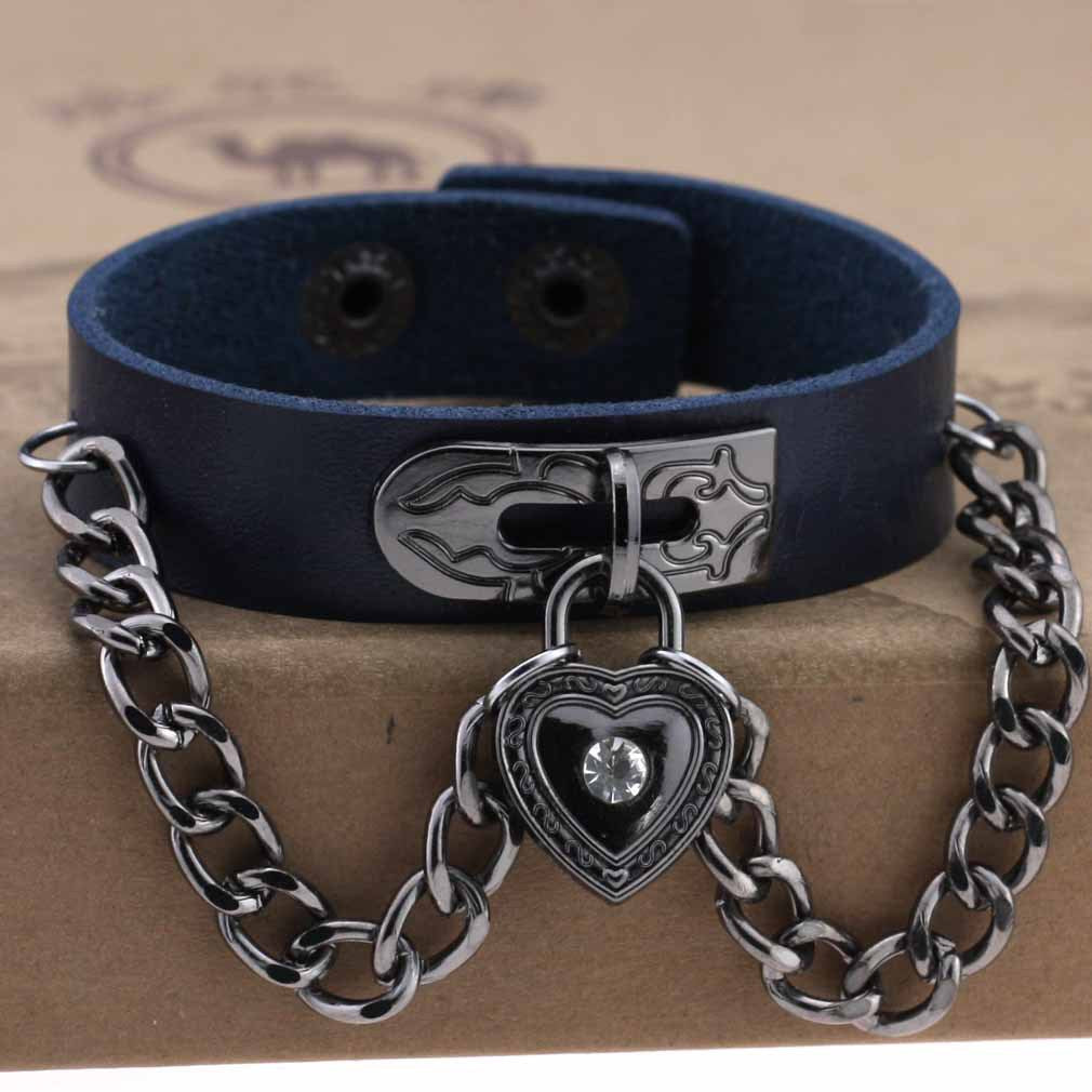 Punk Style Heart-shaped Lock Chain Adjustable Leather Wrist Bracelet