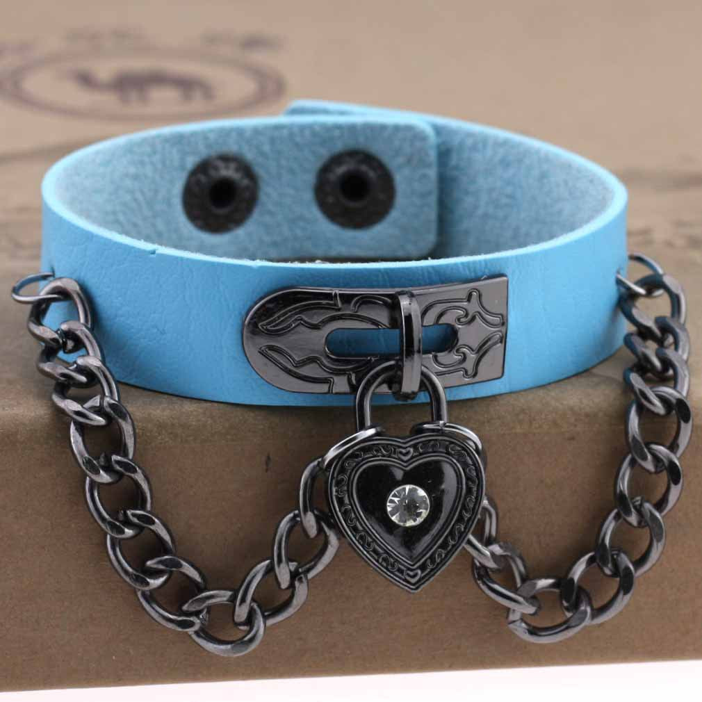 Punk Style Heart-shaped Lock Chain Adjustable Leather Wrist Bracelet