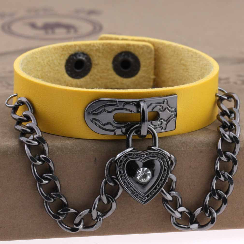 Punk Style Heart-shaped Lock Chain Adjustable Leather Wrist Bracelet