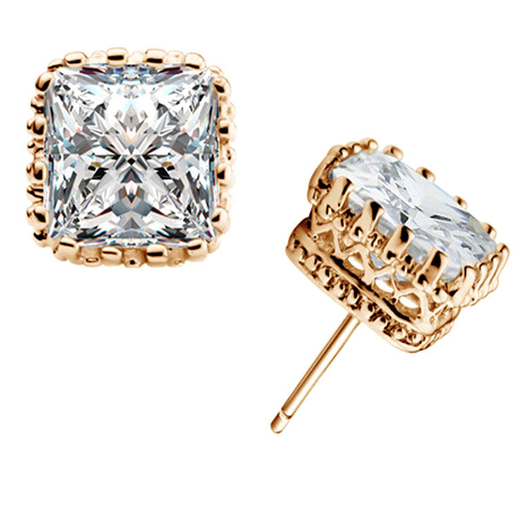 Gold Plated Crown Hollow Square Zircon Earrings