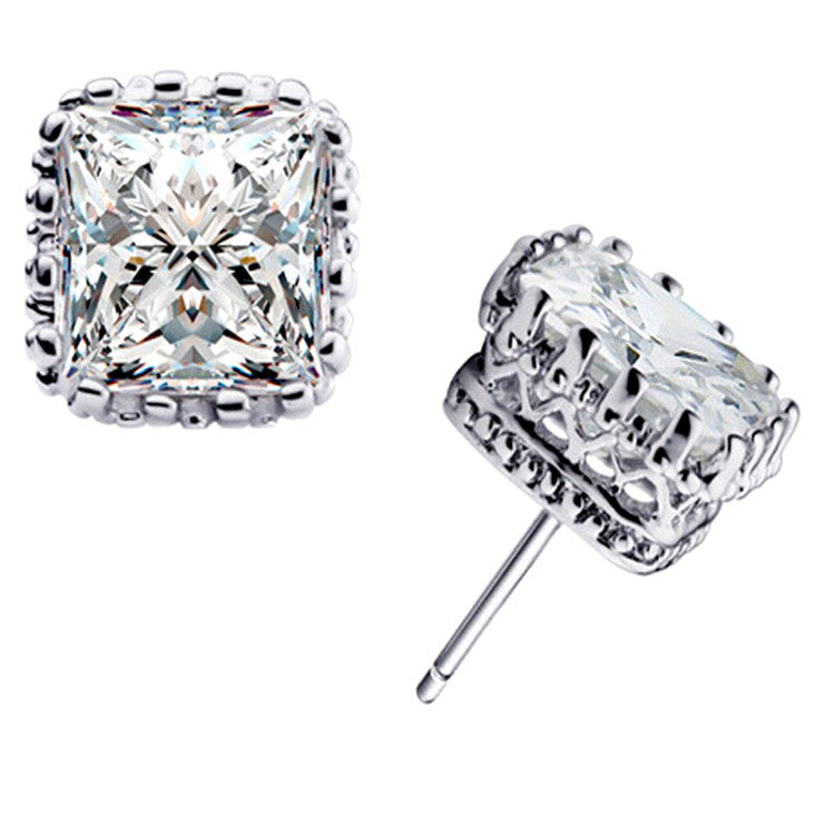 Gold Plated Crown Hollow Square Zircon Earrings