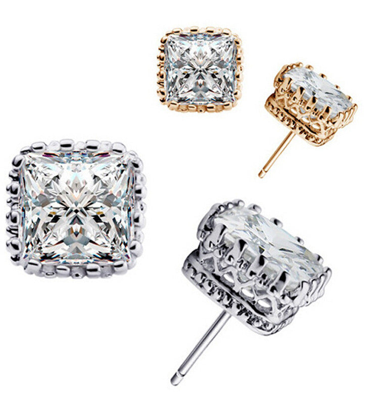 Gold Plated Crown Hollow Square Zircon Earrings