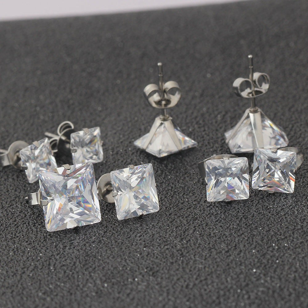 Stainless Steel Simple Geometric Square Zircon Temperament For Stud Earrings